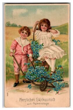 Antique Children & Forget-Me-Nots Postcard, German Name Day Greeting 1908